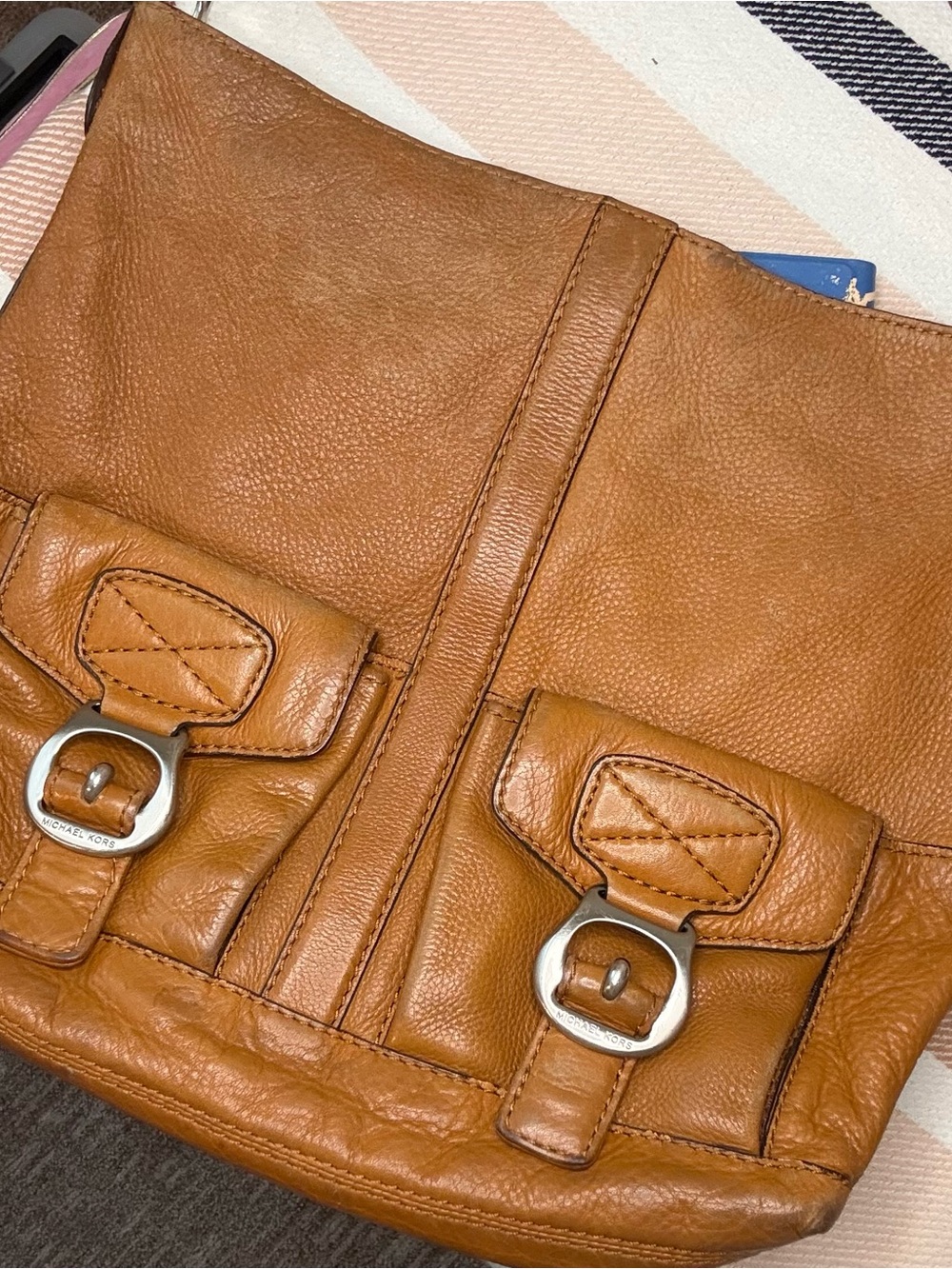 Vintage Y2K Michael Kors Cognac Pebbled Leather Cargo Pocket Buckle Hobo Bag